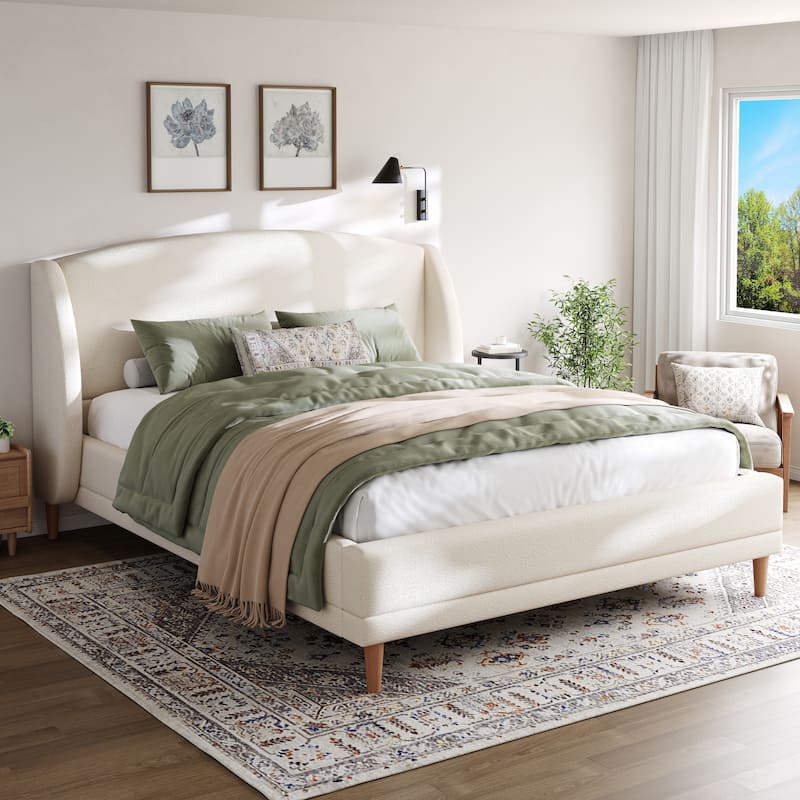 Boucle Upholstered Platform Bed with Rounded Corner Wingback Headboard