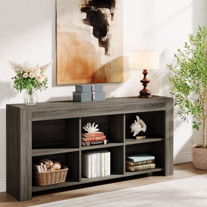 63-inch Horizontal Wood Bookshelf, Industrial Long Bookcase