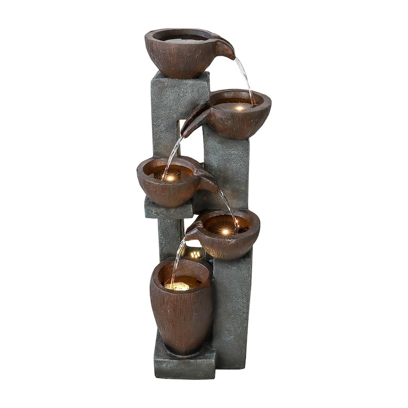 5-Tier Outdoor Water Garden Fountains with LED Lighting for Patio