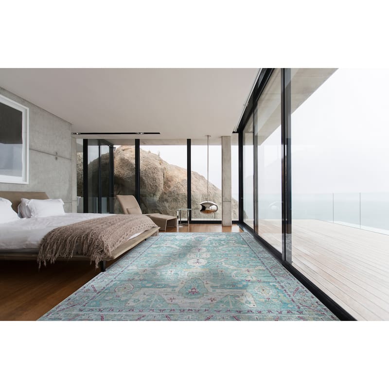 Hand-Knotted Natural Silk Green /Duck Green Classic Floral Natural Silk Oushak Rug - 10' x 14'