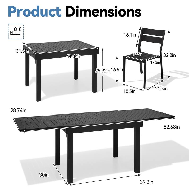 VredHom 7PC Outdoor Patio Aluminum Expandable Rectangle Table Dining Set with Stackable Chairs