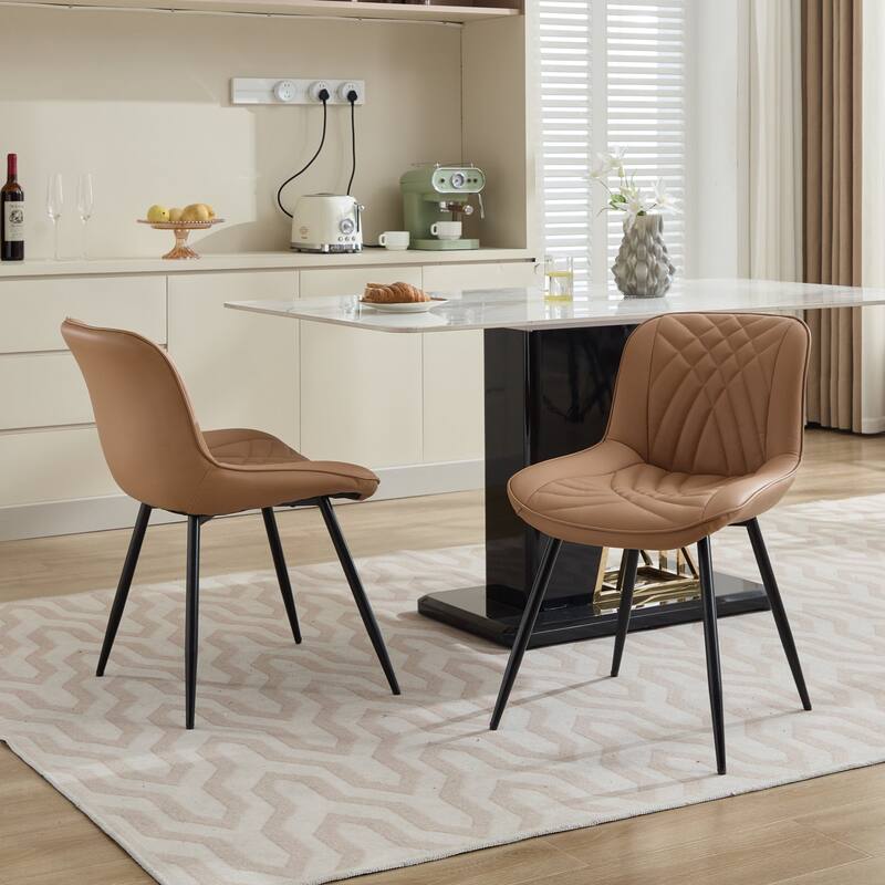 Leather Upholstered Dining Chair Set of 2 Kitchen Side Chair with Metal Legs, Armless Lounge Chair with Curved Back