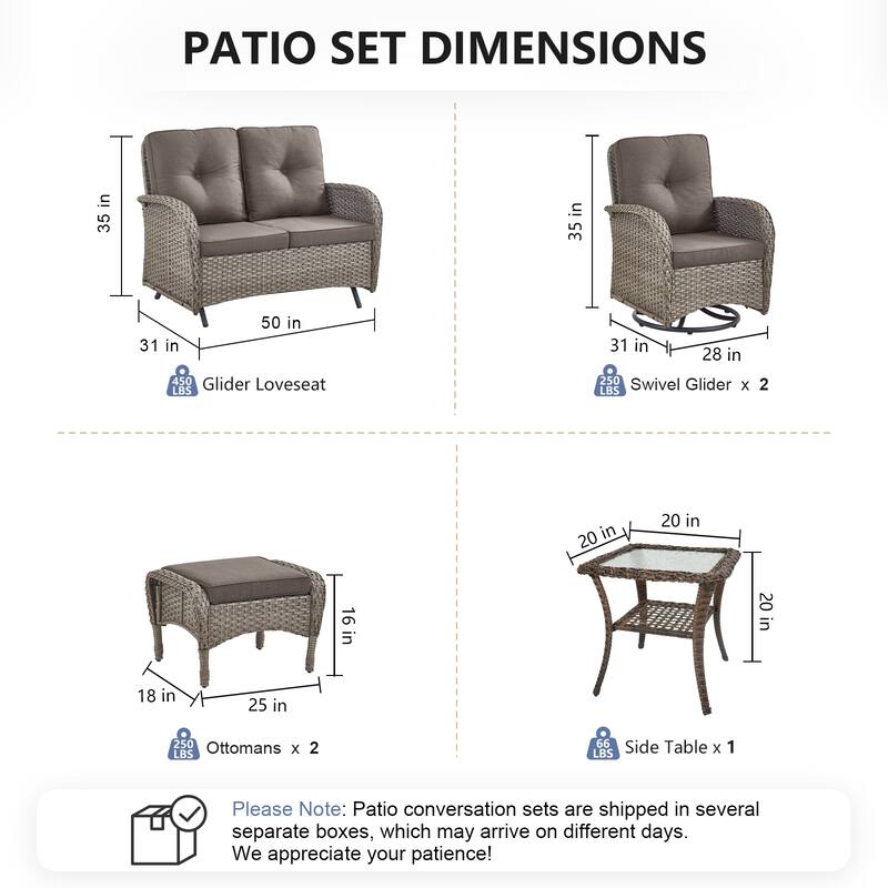 Pocassy 6 Pieces Glider Sofa with Swivel Chairs Ottomans Table