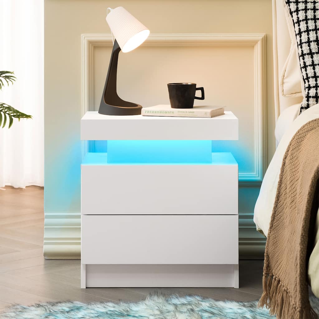 GDF Studio - Avalon Modern LED Nightstand with Dual Drawers and Open Storage Shelf