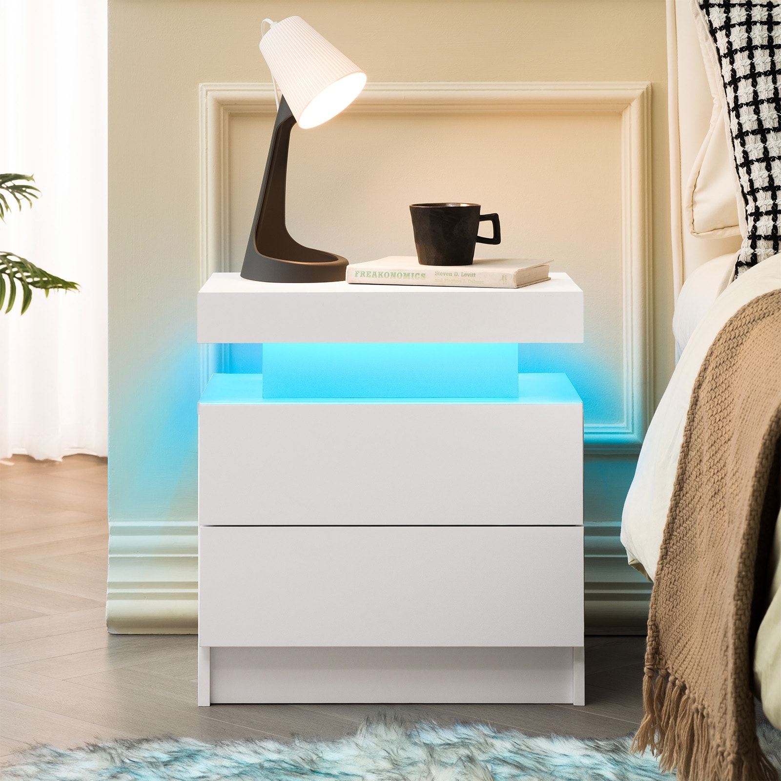 Modern LED Nightstand with Adjustable Lights and 2 Drawers for Bedroom or Living Room - White