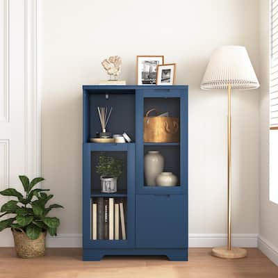 Modern Buffet, Wooden Floor Cabinet with 2 Glass Doors and 2 Storage Space