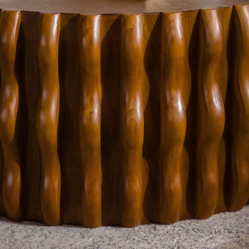 Roomfitters Modern Drum Fluted Round Coffee Table, Mid Century Center Table with Sturdy Pedestal for Living Room, Natural Wood