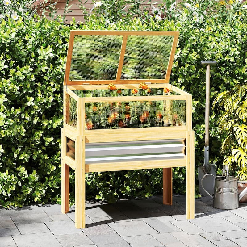 Outsunny Wooden Raised Garden Bed with Flip-Up Greenhouse Top, Raised Garden Bed with Legs and Bed Liner