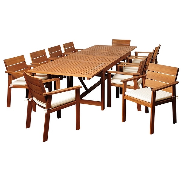 Gerald 11-Piece Outdoor Dining Set Eucalyptus Rectangular Patio Furniture Off-White and Beige Striped Cushions. Opens flyout.
