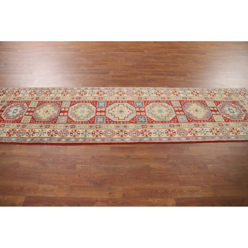 Red Kazak Runner Rug Hand-Knotted Oriental Wool Carpet - 2'7" x 9'8"