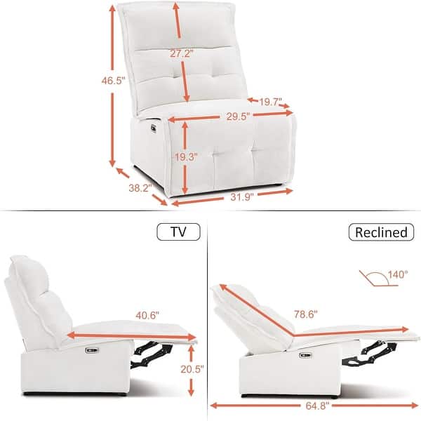 dimension image slide 6 of 10, MCombo Armless Power Recliner Chair with USB Ports, 3.5" Wall Clearance Electric Reclining Sofa Chair for Living Room, ALR01