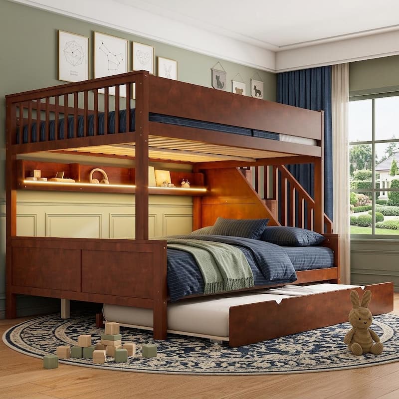 Full XL Over Queen Bunk Bed with Staircase Storage, Underbed Trundle, Open Shelf & LED Light by Harper&Bright Designs - Walnut