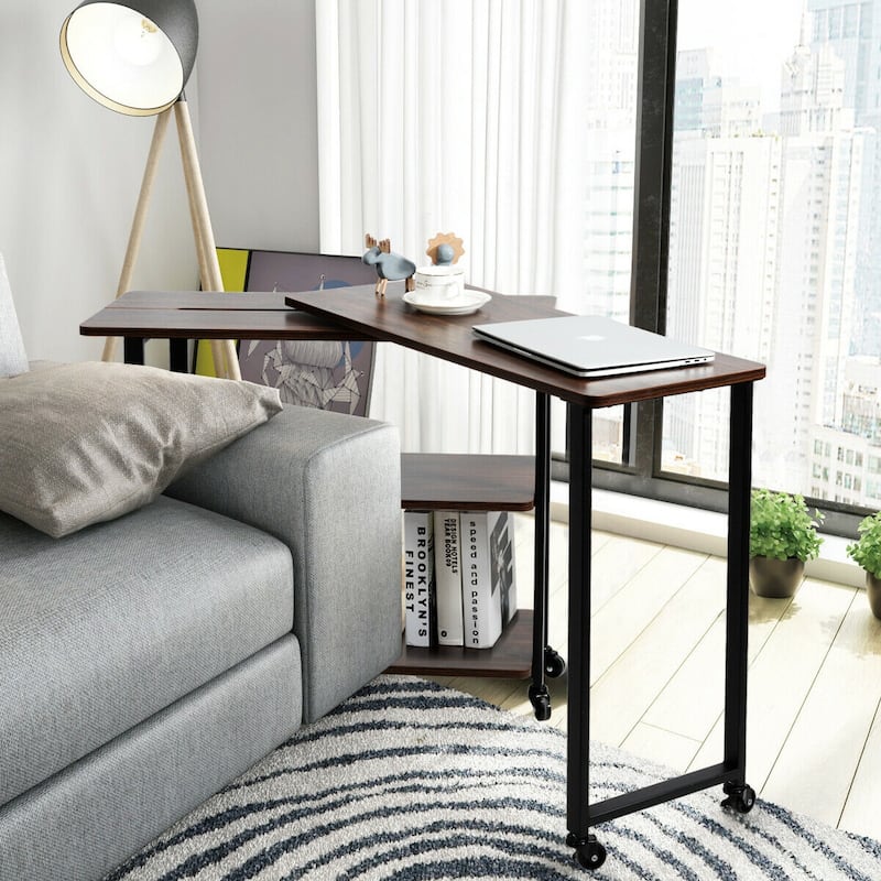 Gymax Walnut Sofa Side Table Rotating Bookcase End Table Patented - See Details