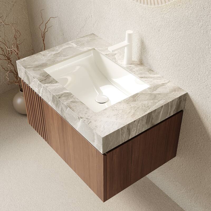 30"/36"/48" Wall-Mounted Bathroom Vanity with Ceramic Sink, Sintered Stone Countertop Floating Bathroom Storage Cabinet