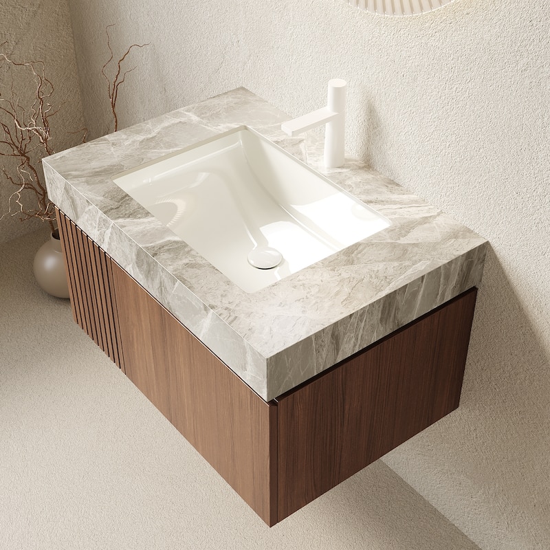 GDFStudio - Muri Modern 30" Floating Bathroom Vanity, Light Gray Sintered Stone Countertop with Ceramic Basin, WITHOUT Faucet