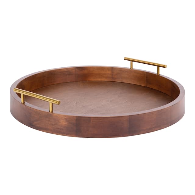 Kate and Laurel Lipton Round Decorative Tray with Metal Handles - 18" Diameter - Light Walnut Brown/Gold