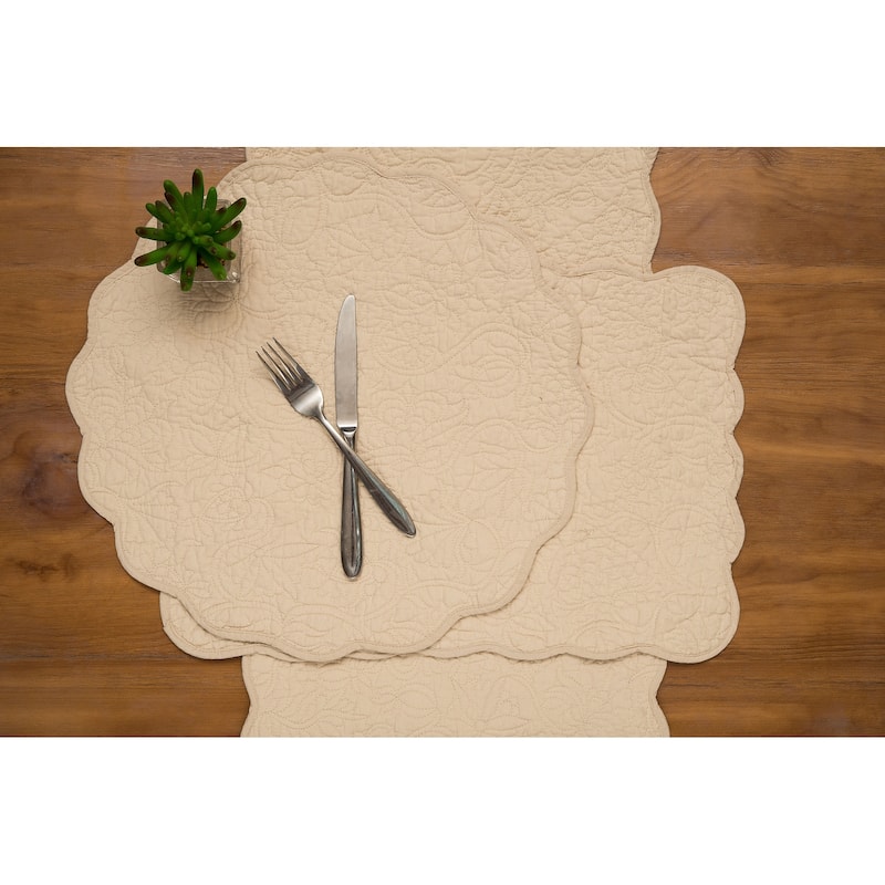51" x 14" Christiana Khaki Floral Reversible Machine Washable Quilt Table Runner - Beige