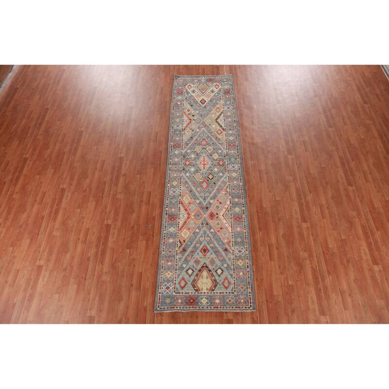 Hand Knotted Oriental 100% Wool Carpet Transitional Geometric Navy Blue & Blues Oushak Runner Rug - 12' 0'' X 3' 2''