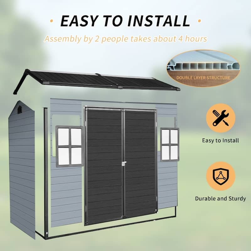 Patio Durable Steel Frame Resin Garden Shed with Floor and Lockable Door, 2 Windows