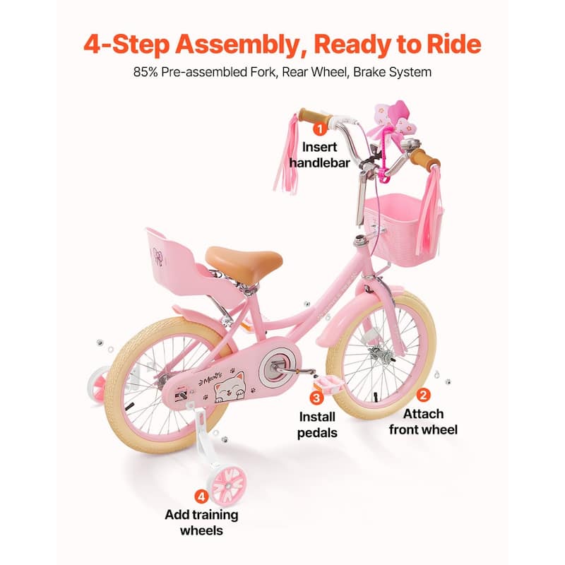 16 Inch Princess Bicycle for Girls with Adjustable Seat and Handlebars - 44.1 x 20.5 x 31.1 in