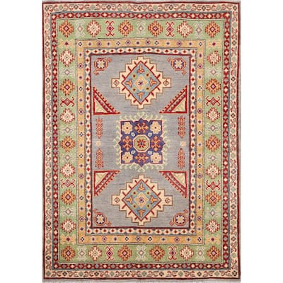 Geometric Grey Kazak Foyer Rug Hand-Knotted Wool Carpet - 3'5" x 4'10"