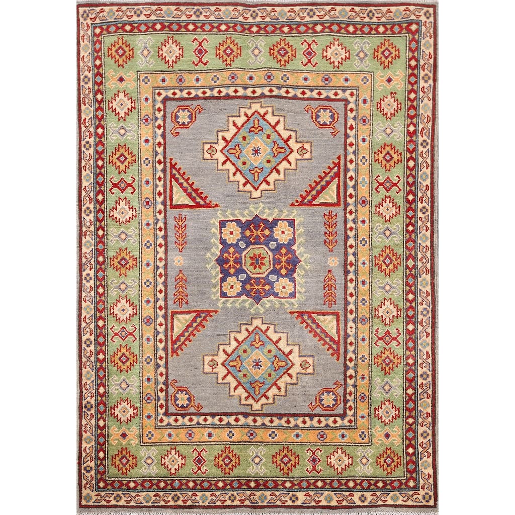 Geometric Grey Kazak Foyer Rug Hand-Knotted Wool Carpet - 3'5" x 4'10"