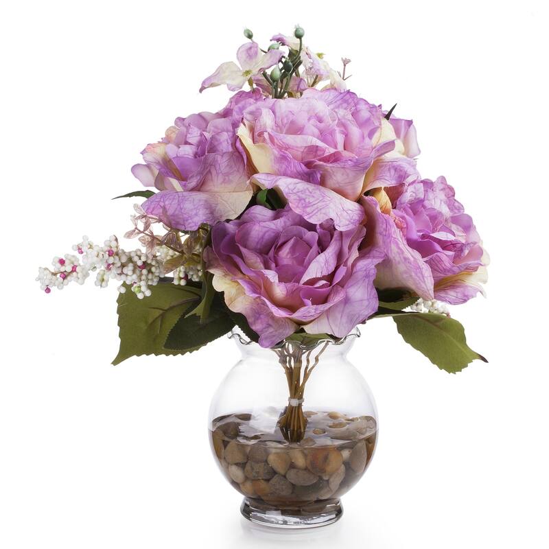 Enova Home Mixed Artificial Silk Roses Fake Flowers Arrangement in Glass Vase with Faux Water and River Stone for Home Decor - Purple