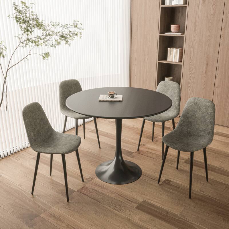 5-Piece Round Dining Table Set, Tulip Pedestal Table with Upholstered Chairs, Kitchen Table Set with Hollow Backrest