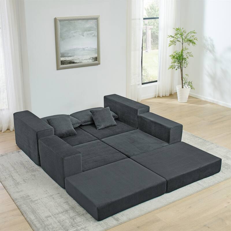 Folding Deep Seat Couch Modular L-shaped Sectional Sofa Corduroy Upholstered Sleeper Sofa Bed with Throw Pillows