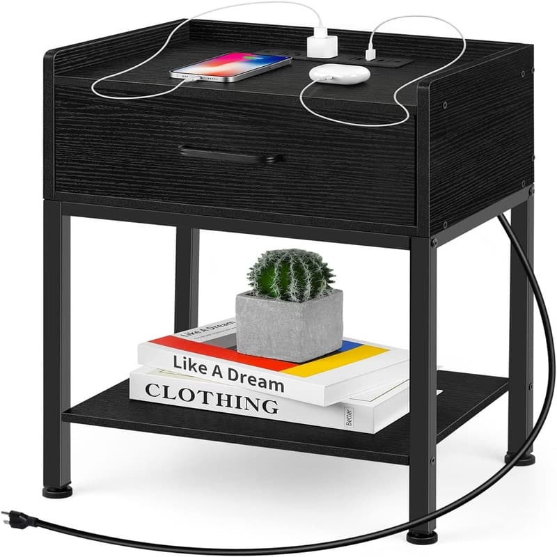 Nightstand with Charging Station - Black