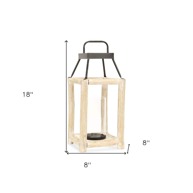 18" Natural And Black Glass Metal And Wood Tabletop Lantern Candle Holder - Large