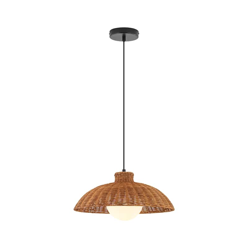 1-Light 15.7" W Farmhouse Brown Woven Rattan Dome Pendant lights for Dining Room - 15.7 in. W x 7.9 in. H x 15.7 in. D