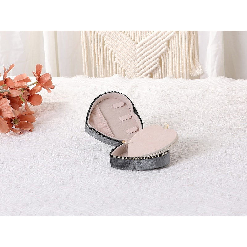 Travel Jewelry Box for Women, Small Portable Heart-Shaped Plush Velvet Jewelry Organizer Case Storage Display Holder - 10x10x5cm