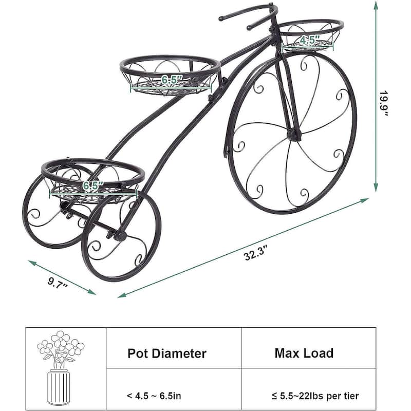 Tricycle Iron Planter Stand 3 Potted Metal Bicycle Shape Plant Flower Pot Rack