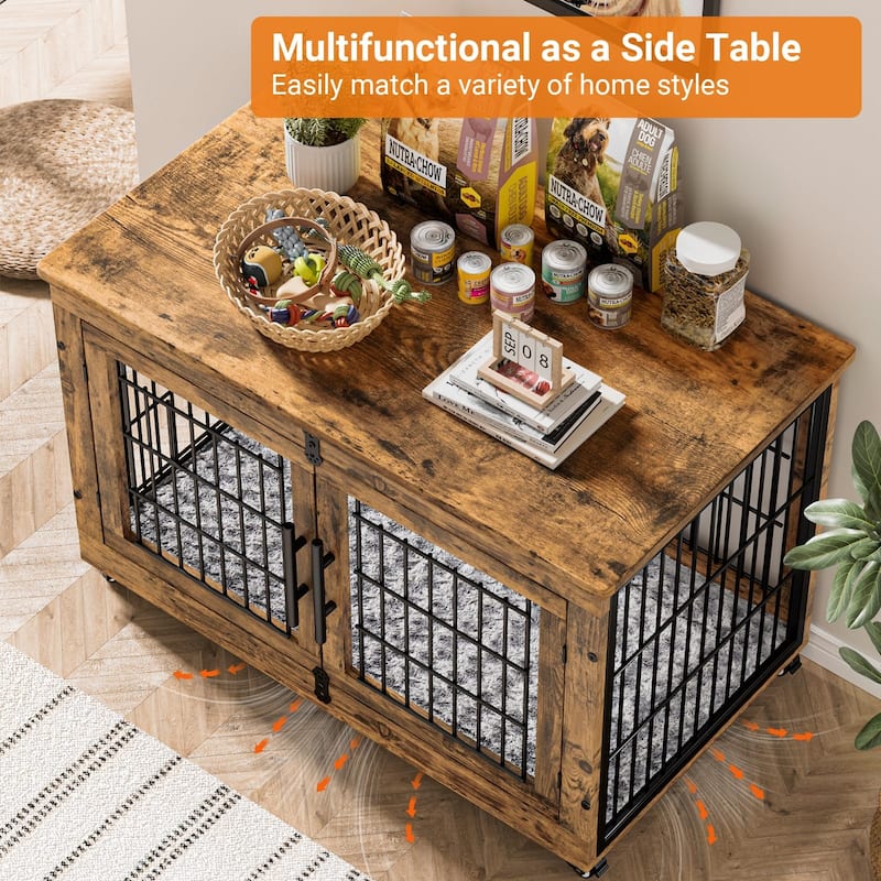 Dog Crate Indoor Heavy Duty Double Doors Wooden Dog Cage with Cushion