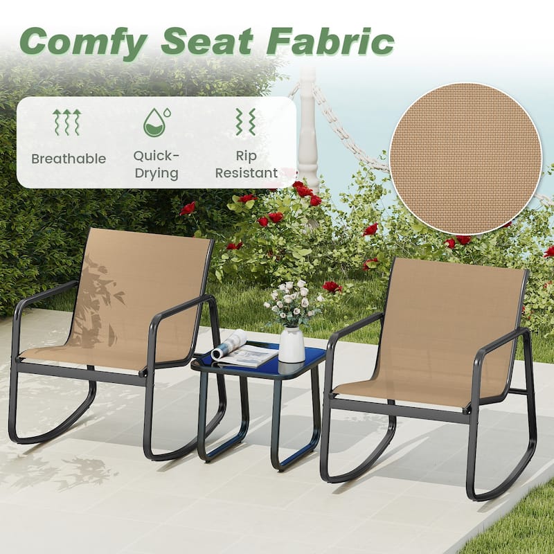Gymax Set of 3 Patio Rocking Set 2 Rocking Bistro Chairs & Glass-Top