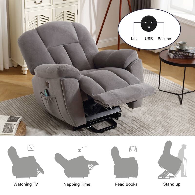 Grey Electric Power Lift Recliner with Heat, Massage, Infinite Positions, USB Charging, and Side Pockets