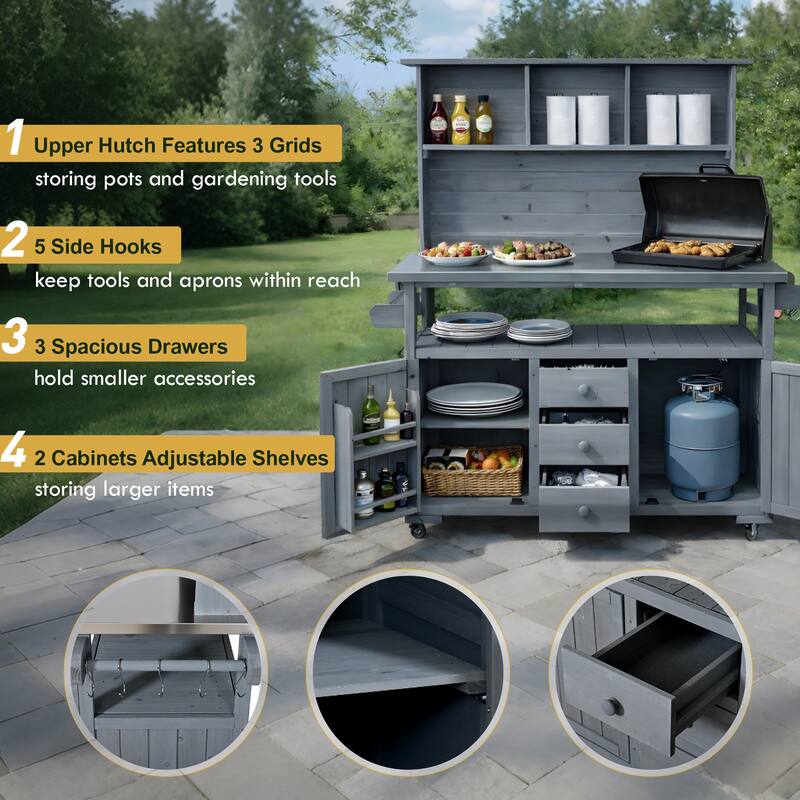 65" Outdoor Potting Bench with Stainless Steel Top, Rolling Garden Workstation with Hutch & Storage