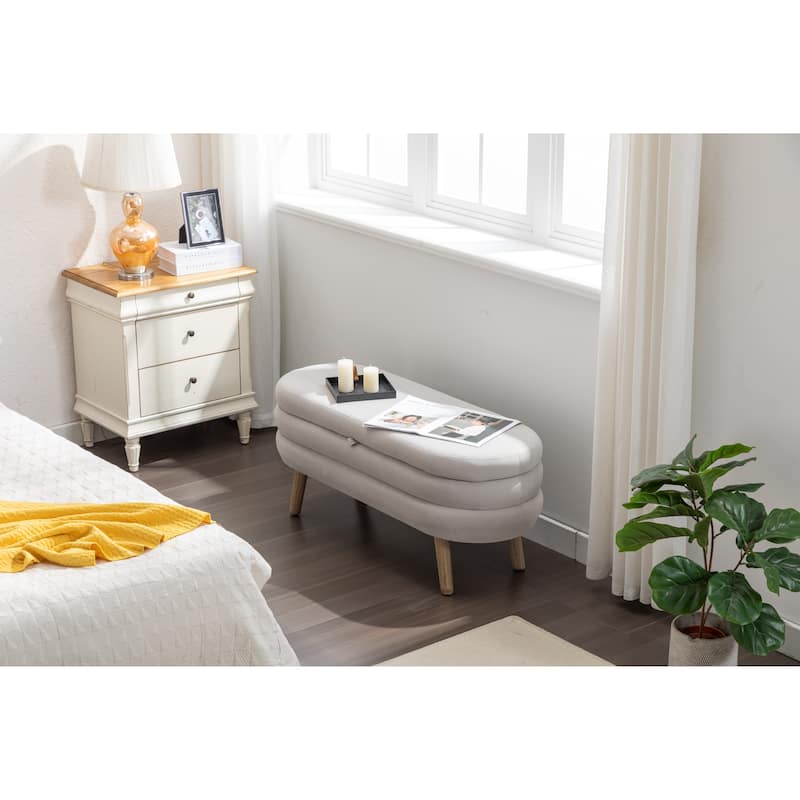 Velvet Fabric Storage Bench With Wood Legs For Living Room Bedroom - Light Gray
