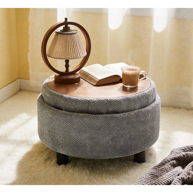 25"Round Storage Ottoman with Tray,ModernTufted Fabric Circle Coffee Table with Storage,Upholstered Ottoman with Removable Top