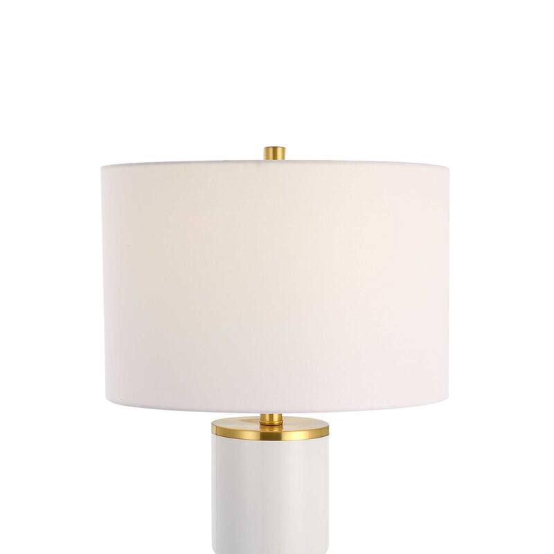 Table Lamp, Linen Drum Shade, Gold Accent White Ceramic Base, 26 Inch