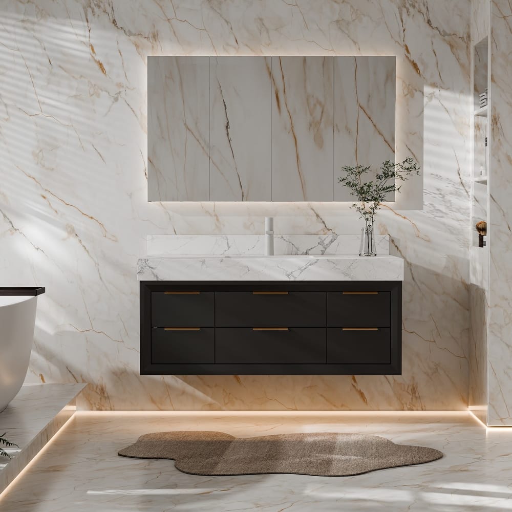 Modland 48" Modern Floating Bathroom Vanity with Single Sink, Soft-Close Drawers, White Stone Countertop