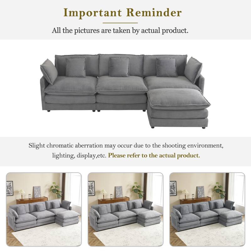 Roomfitters Spacious Modular Corduroy L-Shape Sectional Sofa with Side Storage Pockets for Living Room Convenience