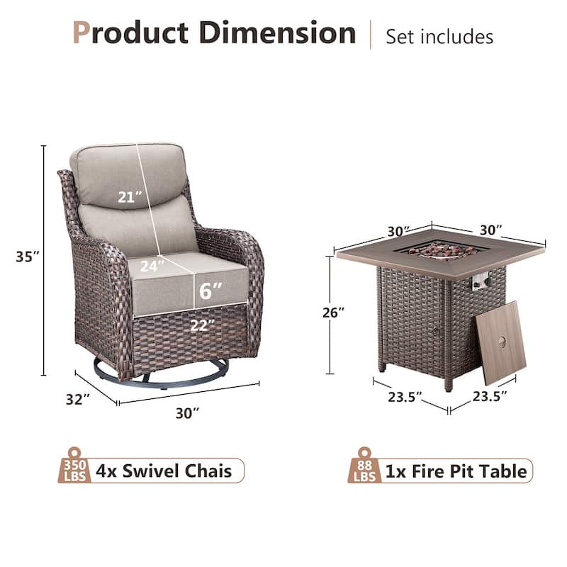 Pocassy 5 Pieces Outdoor 6" Swivel Chairs with Fire Pit Table