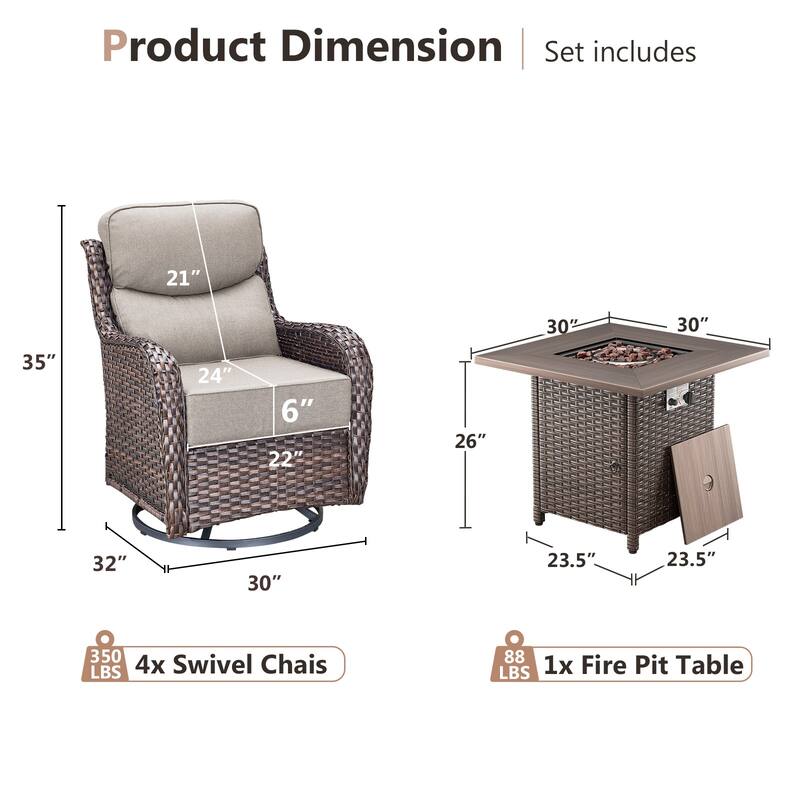 Pocassy Outdoor 6" Swivel Chairs with Fire Pit Table