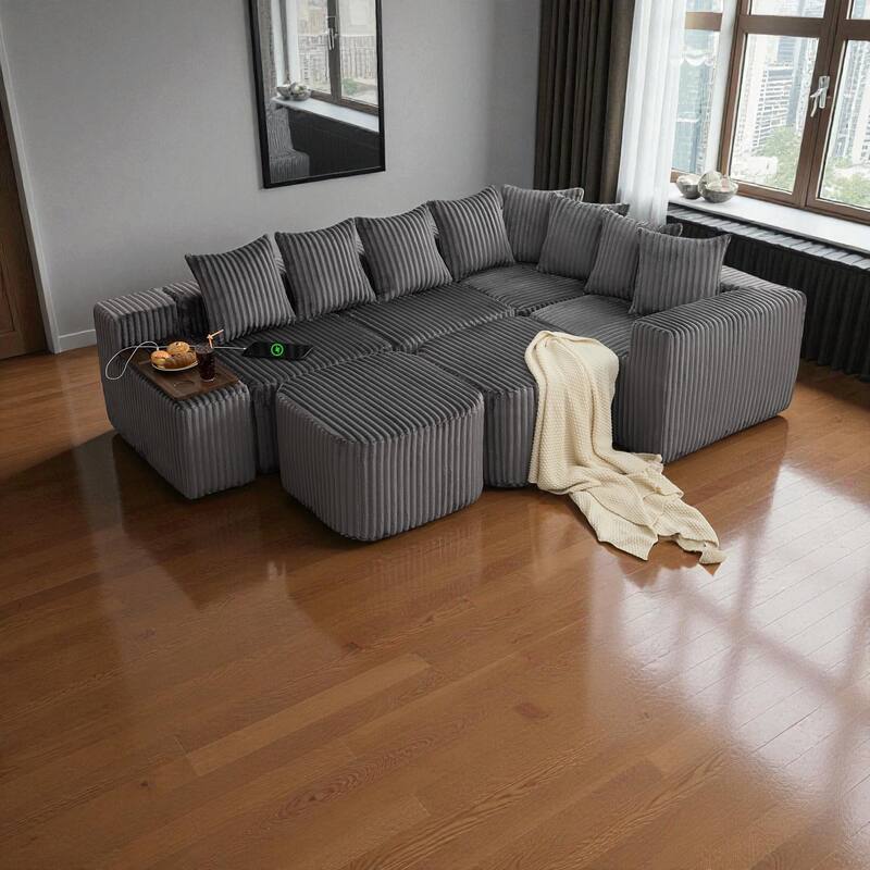 137.5" U-Shaped Modular Sofa with USB & Wireless Charging, Coffee Table Board, Cup Holders, Movable Footstool, Corduroy
