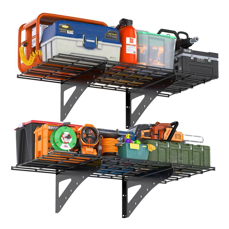 Black Metal Wall-Mounted Shelf Bracket 2-Tier Heavy Duty Storage Rack - 48x 24 x 12 in