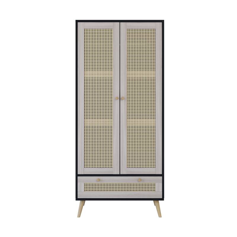 70.8" Tall Armoire Wardrobe Closet with Rattan Doors & Drawer, Boho Clothes Storage Cabinet with Hanging Rod for Bedroom
