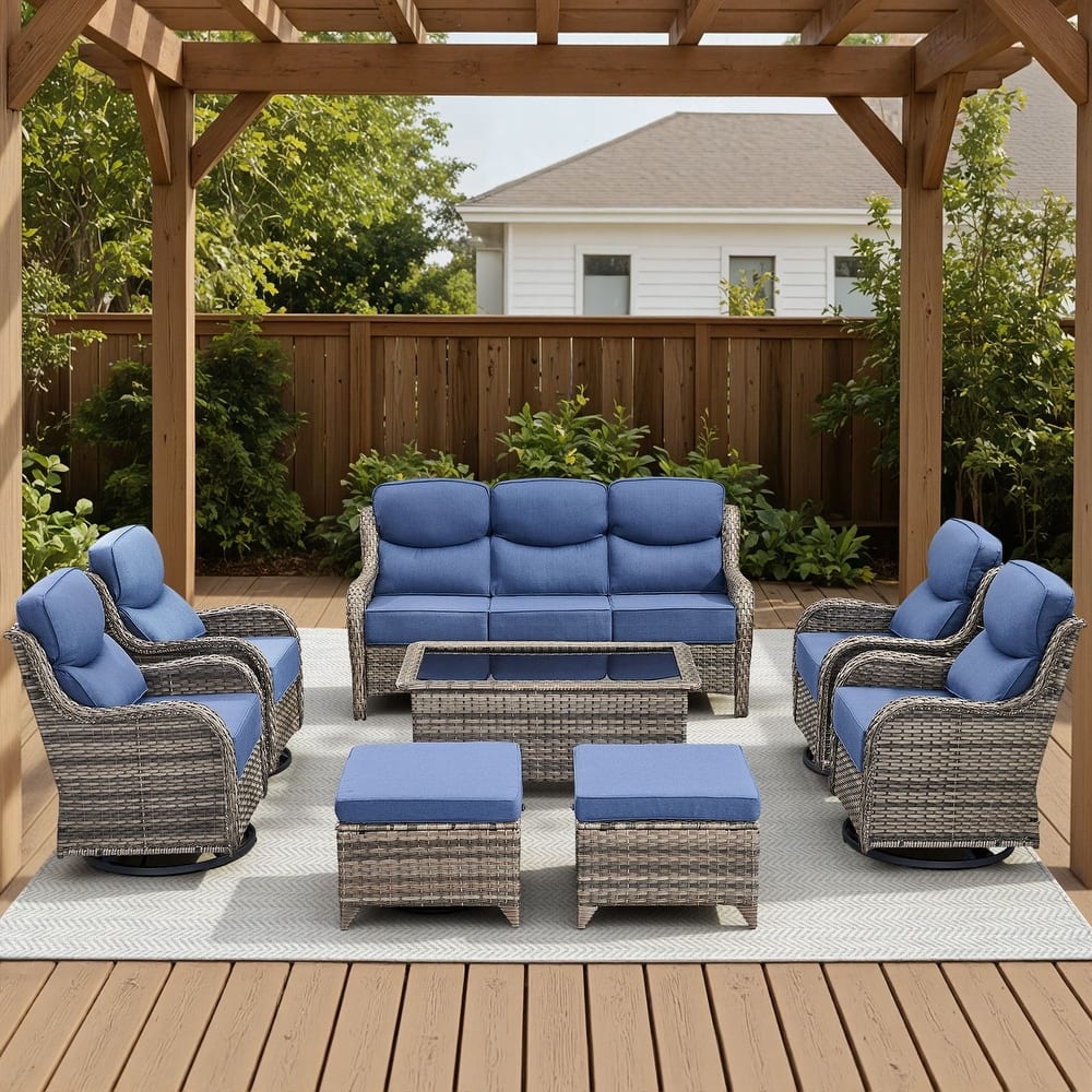Meyreso 8-Piece Wicker Patio Conversation Set with Swivel Gliders and 6-Inch Thick Olefin Cushions