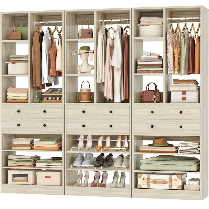 27.7'' Closet Organizer with Shoe Racks and Drawers, Closet System with Hanging Rod and Adjustable Shelves - Washed Oak - 3pcs